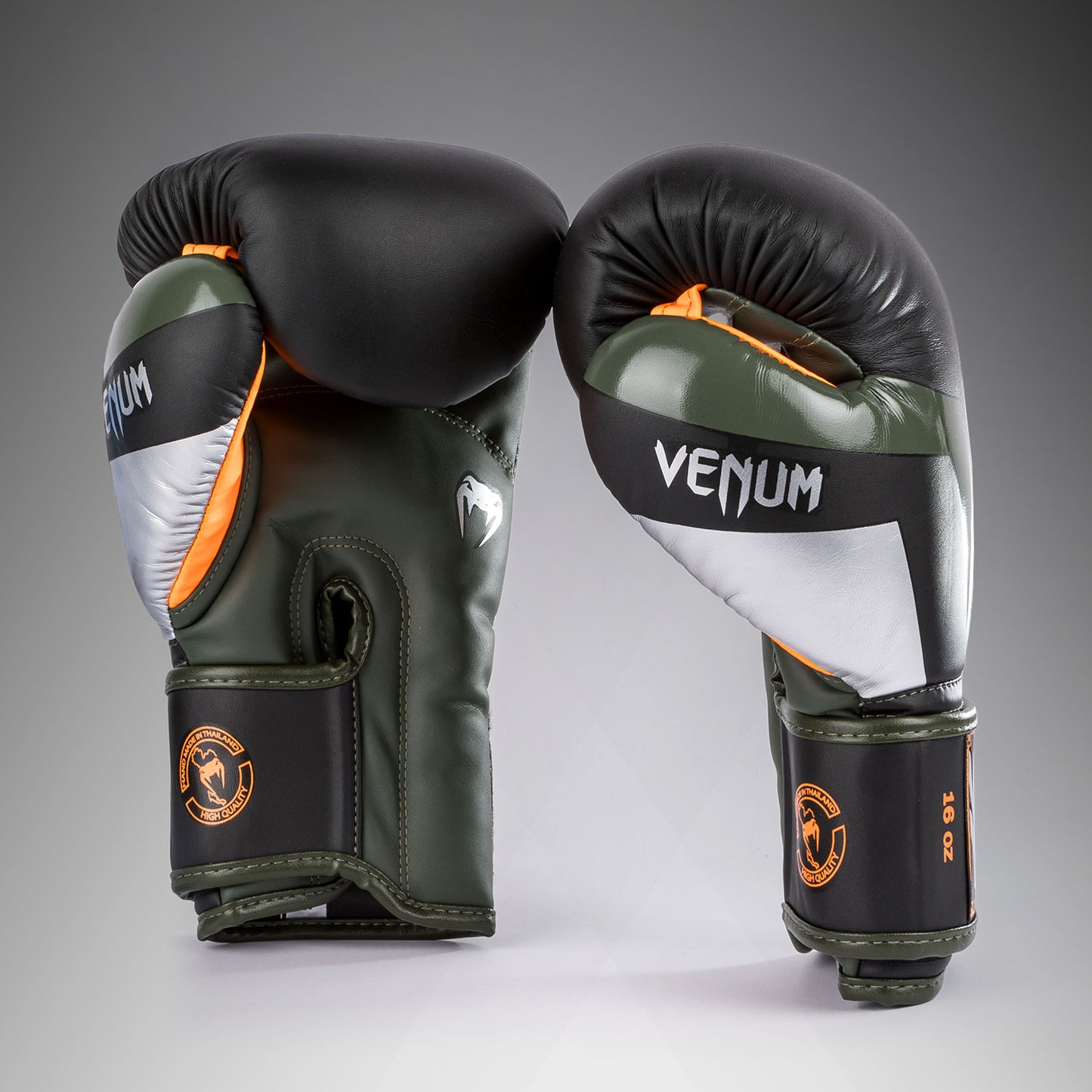 Боксерские перчатки Venum Elite- черный/серебро/каки