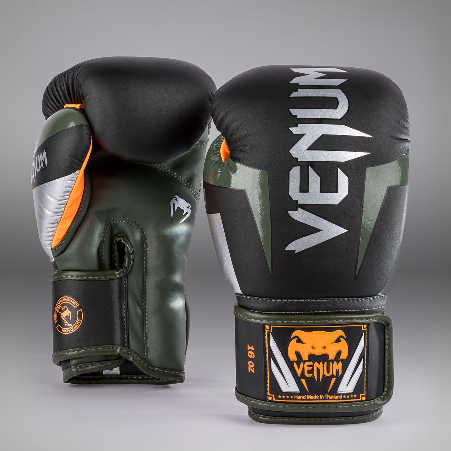 Боксерские перчатки Venum Elite- черный/серебро/каки